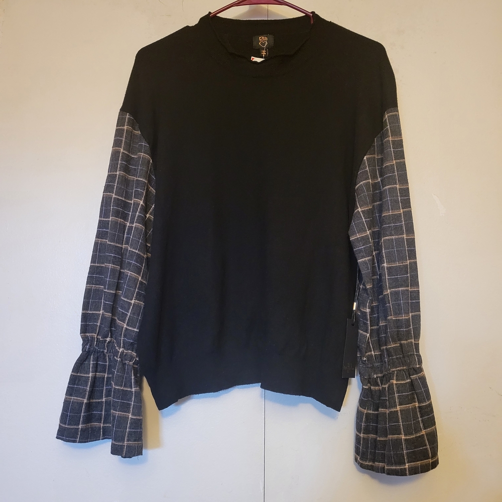 Black Sweater with Plaid Sleeves